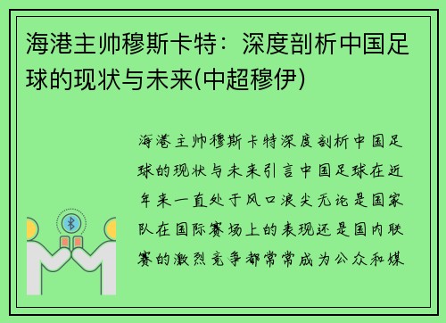 海港主帅穆斯卡特：深度剖析中国足球的现状与未来(中超穆伊)