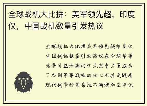 全球战机大比拼：美军领先超，印度仅，中国战机数量引发热议