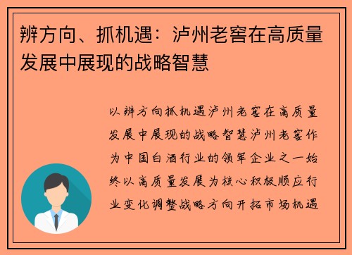 辨方向、抓机遇：泸州老窖在高质量发展中展现的战略智慧