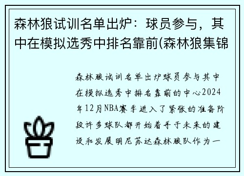 森林狼试训名单出炉：球员参与，其中在模拟选秀中排名靠前(森林狼集锦)