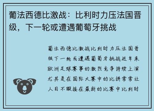葡法西德比激战：比利时力压法国晋级，下一轮或遭遇葡萄牙挑战