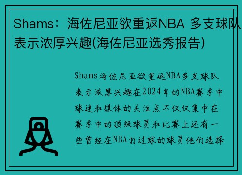 Shams:海佐尼亚欲重返NBA 多支球队表示浓厚兴趣(海佐尼亚选秀报告)