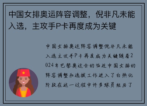中国女排奥运阵容调整，倪非凡未能入选，主攻手P卡再度成为关键