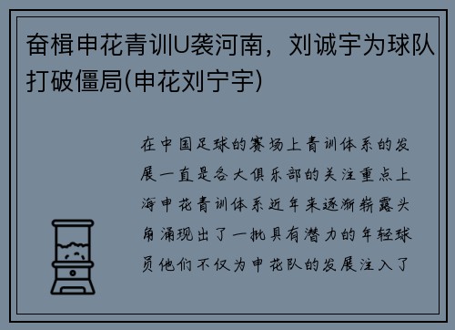 奋楫申花青训U袭河南，刘诚宇为球队打破僵局(申花刘宁宇)