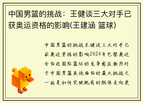 中国男篮的挑战:王健谈三大对手已获奥运资格的影响(王建涵 篮球)