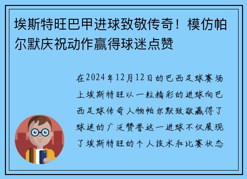 埃斯特旺巴甲进球致敬传奇！模仿帕尔默庆祝动作赢得球迷点赞